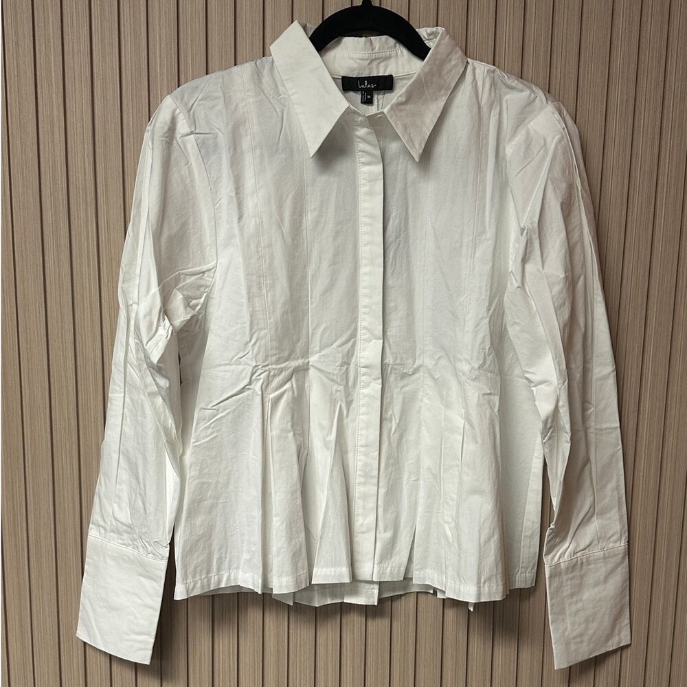 Lulus Convincingly Chic Ivory Pleated Long Sleeve Button-Up Top Size M